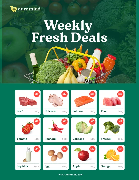 Page one of the generated weekly circular: a masthead over a grid of priced product tiles