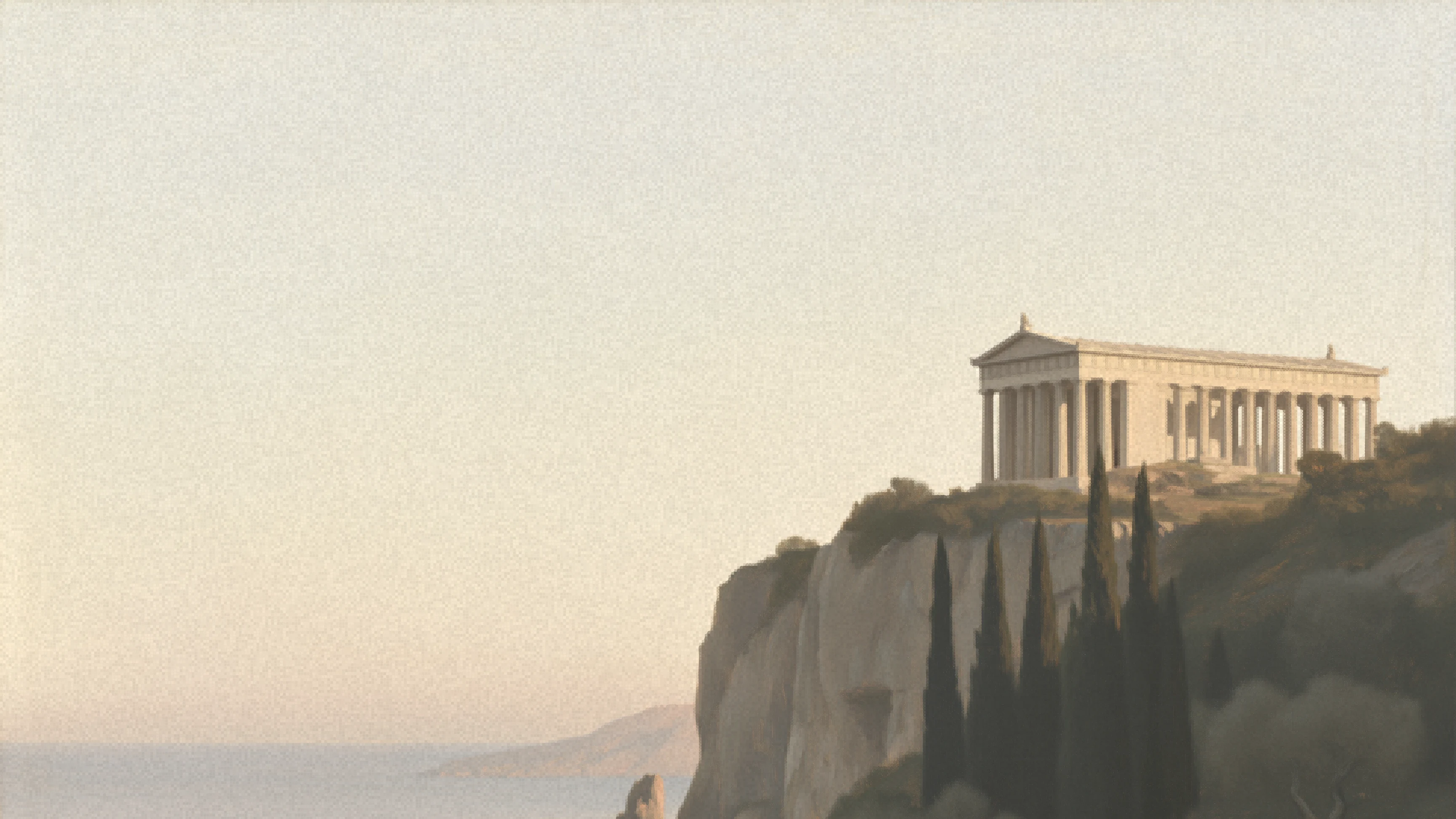 A classical temple on a cliff above a calm sea